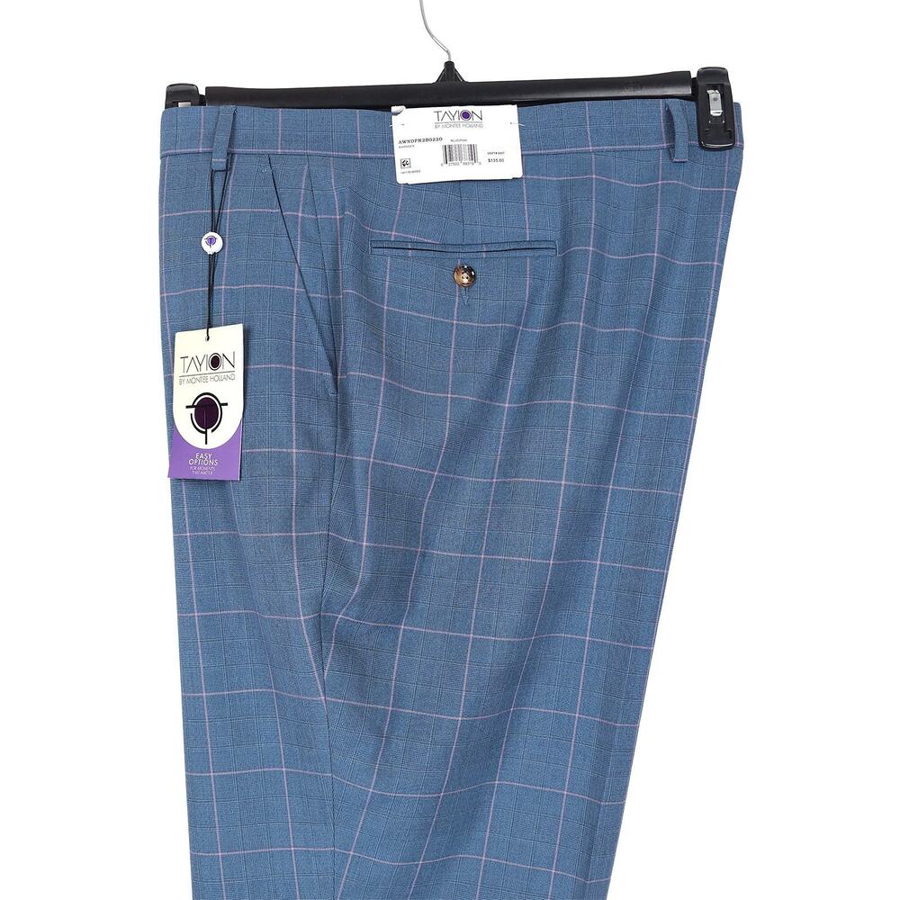 Tayion Mens Classic Fit Suit Pants 46x32 Blue Pink Windowpane Plaid Stretch NWT